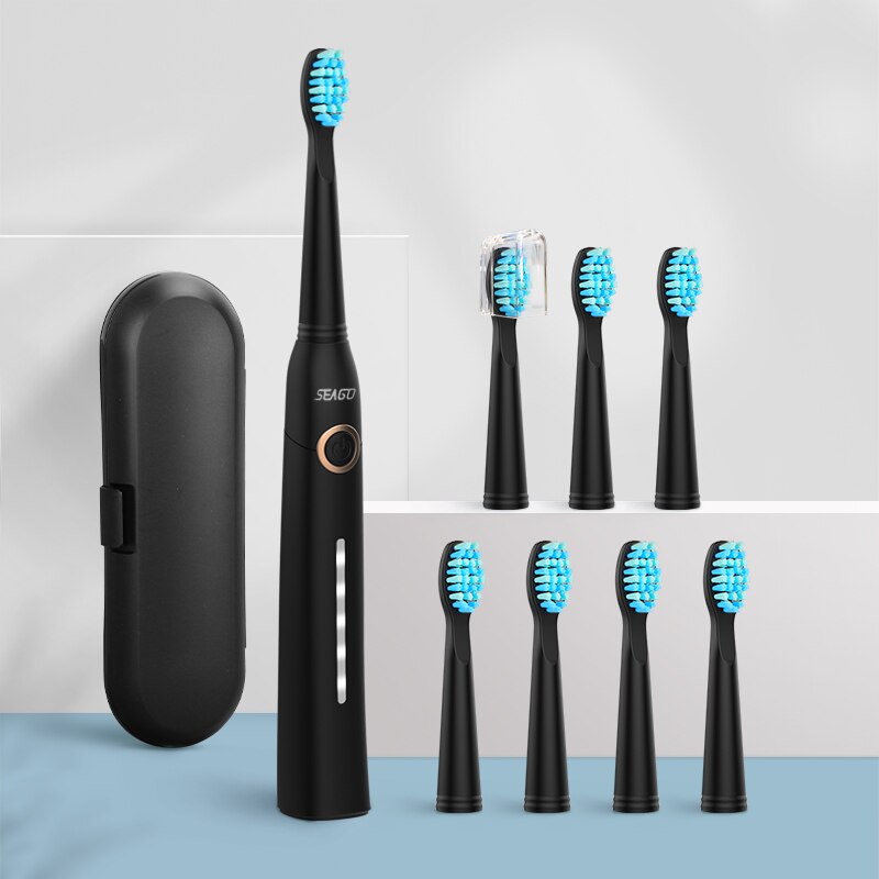 Seago Sonic Electric Toothbrush Tooth brush USB Rechargeable adult Waterproof Ultrasonic automatic 5 Mode with Travel case: black 8 heads box