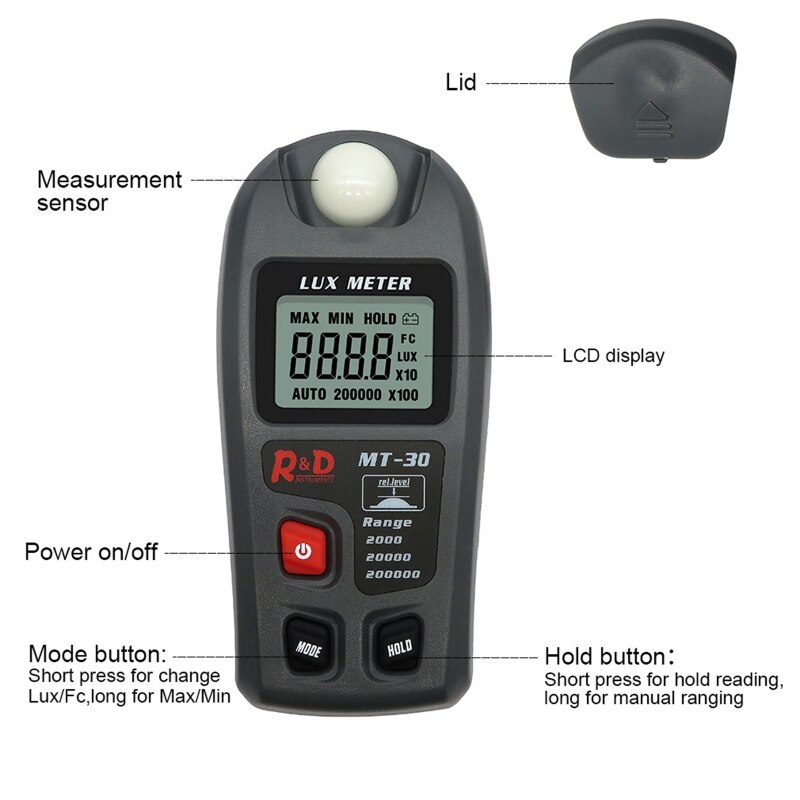 MT30 Lux meter 0~200,000lux Range Light Meter Pocket Illuminometer lux/fc Photometer Tester Enviromental Testing