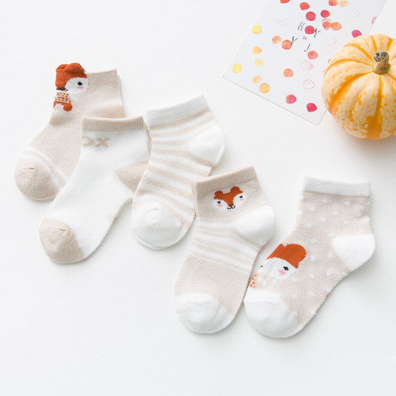 5 pares/lote Dos Desenhos Animados Do Bebê Meias de Malha Respirável Meias Finas de Verão para Crianças Meninas Meninos Meias de Algodão Doce Cor de Meias: khaki fox