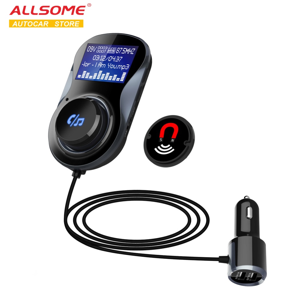 ALLSOME Bluetooth FM Transmitter Audio Car Mp3 Player Wireless In-Car FM Modulator Handsfree Bluetooth Car Kit with LCD Display