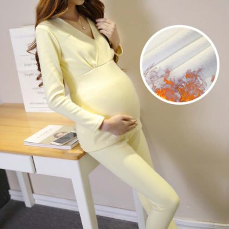 Pijamas de maternidad de traje de lactancia ropa de dormir Otoño Invierno ropa de embarazo gruesa mantener la ropa interior cálida ropa de dormir más terciopelo: Yellow / L