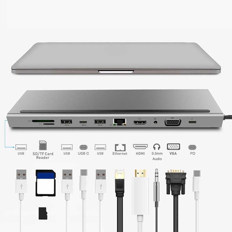 11 in 1 USB C Del Computer Portatile Docking Station di Tipo C a HDMI VGA RJ45 Ethernet USB 3.0 SD/TF lettore di Schede Con PD di Ricarica per Pro