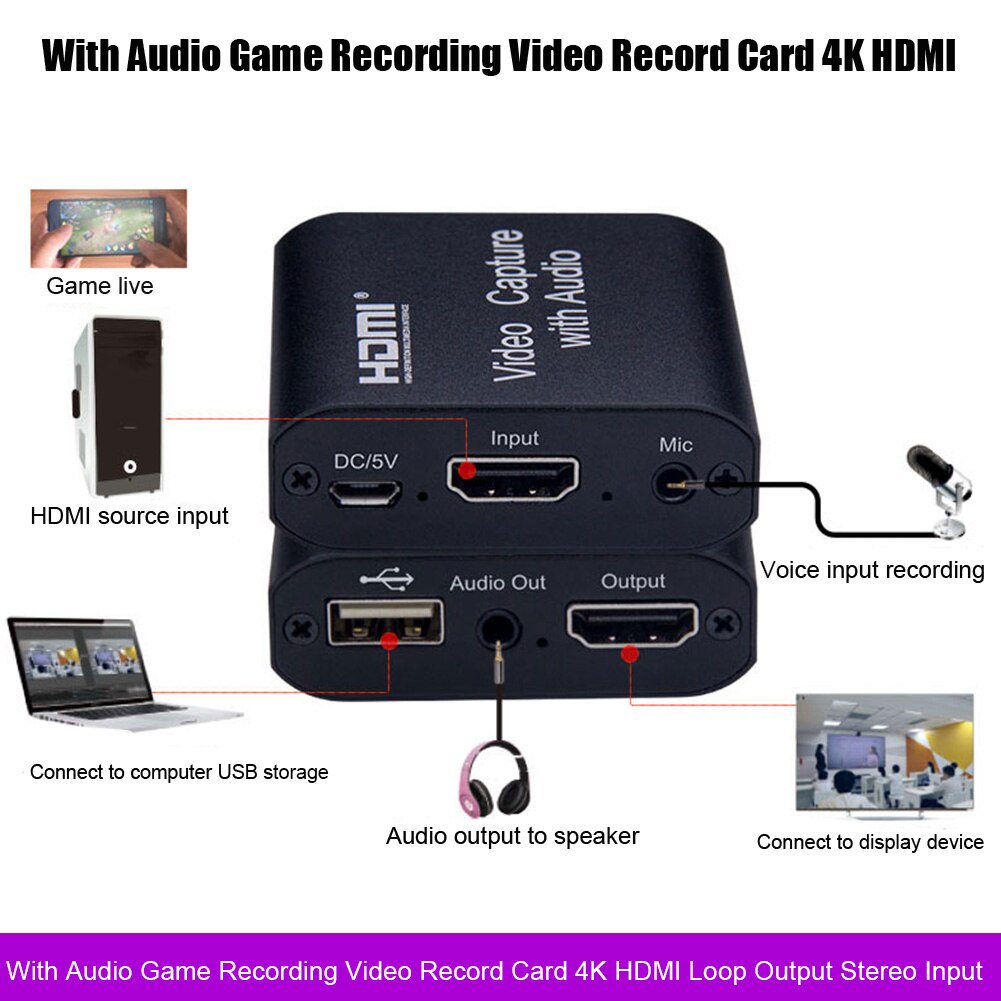 HDMI Loop Output Plug And Play Portable Universal Teaching 4K Video Record Card Game Recording HD 1080P Stereo Input With Audio