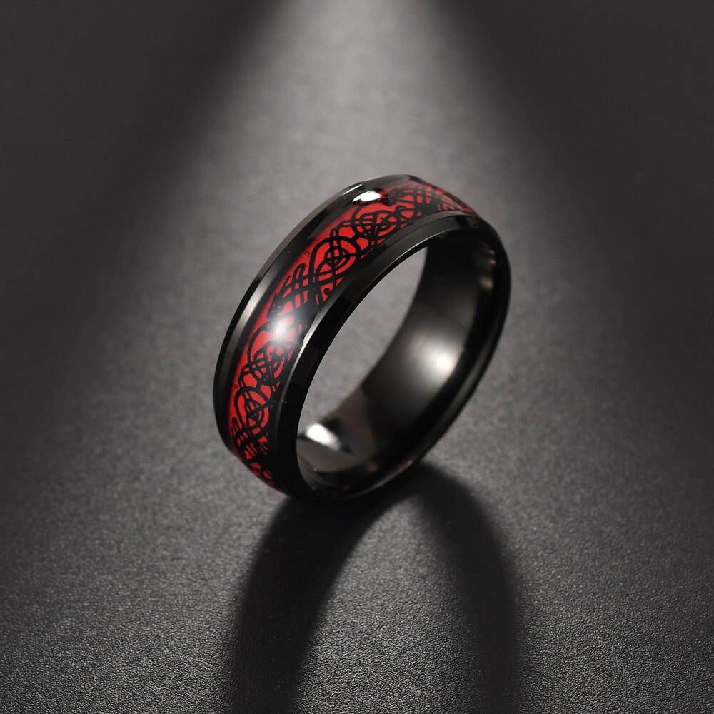 Menn ring smykker rød svart drage innlegg komfort passform rustfritt stål ringer 11 menn kvinner giftering bred 8mm størrelse 7 8 9 10: 9