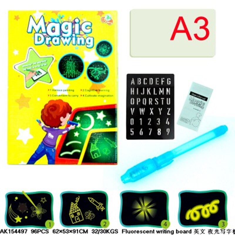 Magic Beam Tablet LED Luminous Drawing Board Graffiti Doodle Drawing Tablet Draw with Light-Fun Fluorescent Pen Educational Toy: Yellow English A3