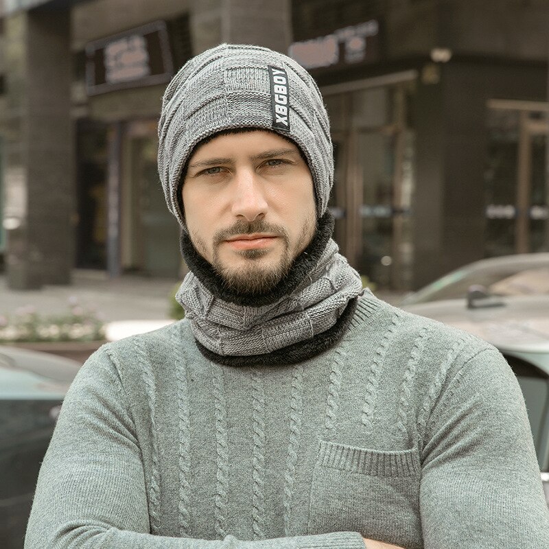 Ensemble écharpe en laine tricotée pour le cou et le cou, Bonnet en tricot épais et , cagoule, casquette, Bonnet d'hiver pour hommes et femmes: gray