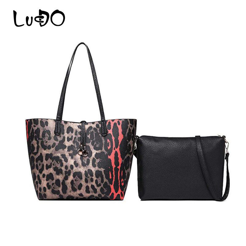 Lucdo sett vintage komposittveske for kvinner stor kapasitet leopard skulderveske for kvinnelig messenger bag dame skinn