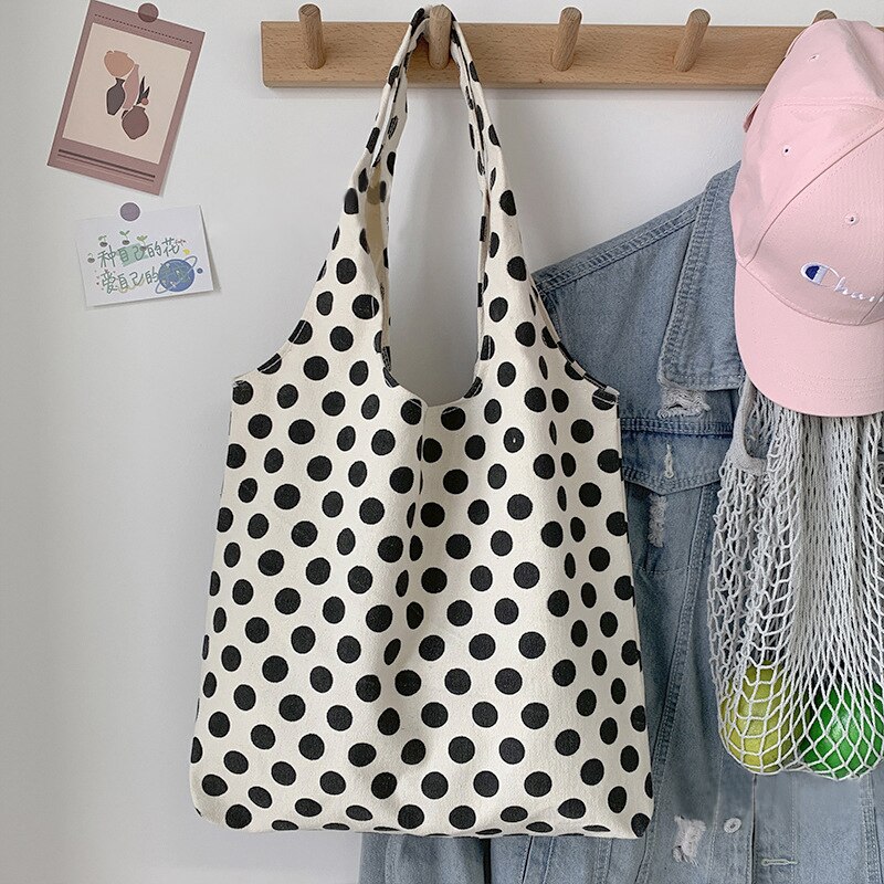 2022 Polka Dot Canvas Schoudertas Student Klasse Tas Eenvoudige Japanse En Koreaanse Stijl Draagbare Boodschappentas