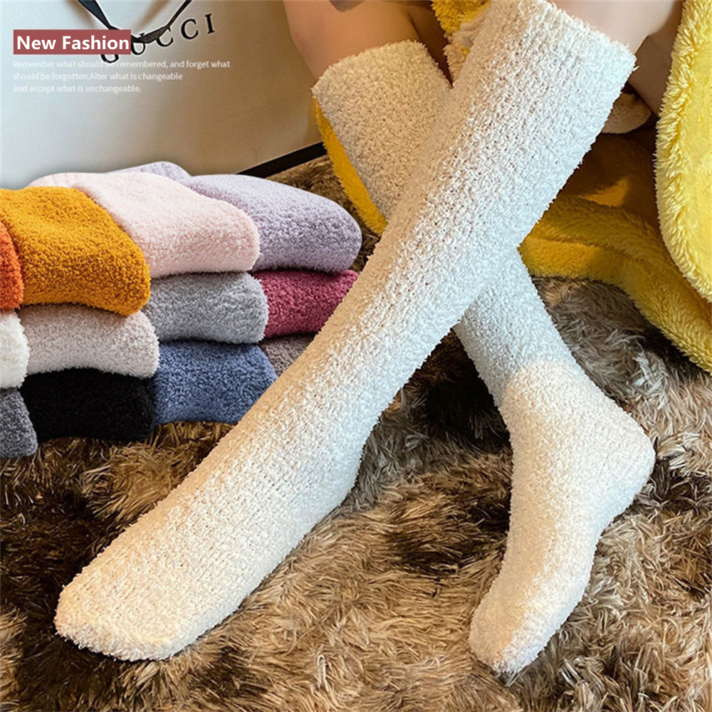 Calcetines térmicos de lana de Coral para mujer y niña, medias altas hasta la rodilla, medias blancas de Lolita, calcetín grueso de felpa para dormir, Unisex