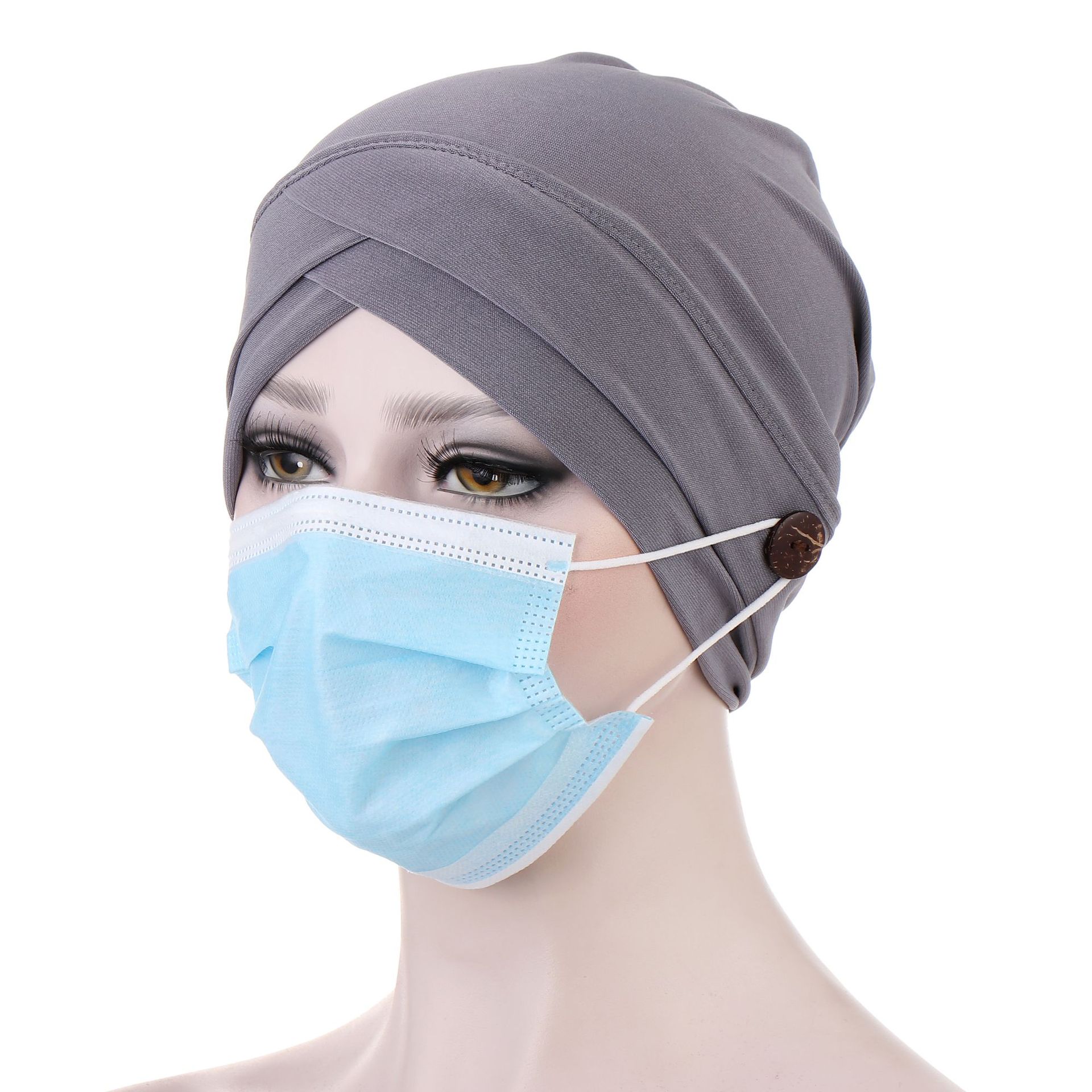 KepaHoo-turbante con botón para mujer, sombrero para envolver la cabeza, pañuelo para la cabeza, gorro interior, Hijab musulmán, gorros de quimio, Turbantes: Grey