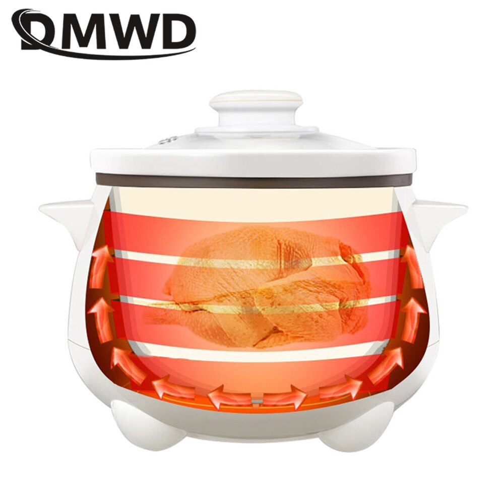 DMWD Household Electric Stewing Pot 1.2L Soup Pot Mini Slower Cooker Porridge Casserole White Porcelain Liner Breakfast Machine