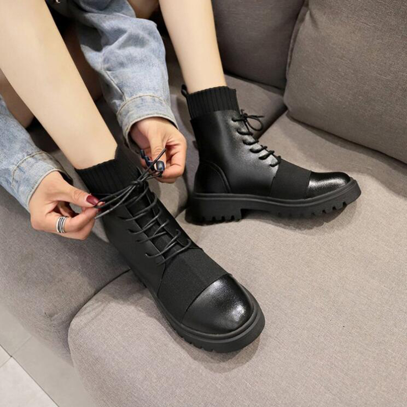 Primavera botas Mujer Zapatos Mujer botas plana redonda PU botines primavera encaje elástico botas negras botas cómodas