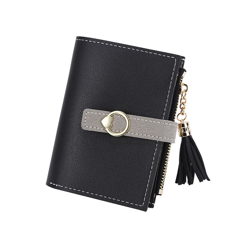 Novo fecho borla pequeno fresco zero carteira multi função bolsa de cartão curto estudante carteira por atacado bolsas crossbody: Black