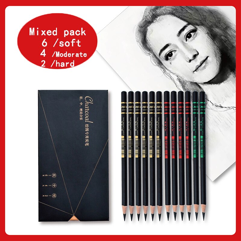 12 charcoal art soft drawing pencils sketch painting pencils learning stationery black matte art supplies: size4