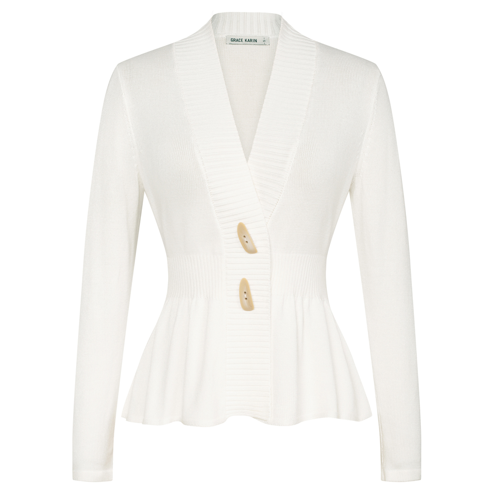 GK Women Cardigan Slim Fit Casual Defined Waist Spring Autumn Long Sleeve V-Neck Button-Up Knitted Sweater: L / SKY BLUE