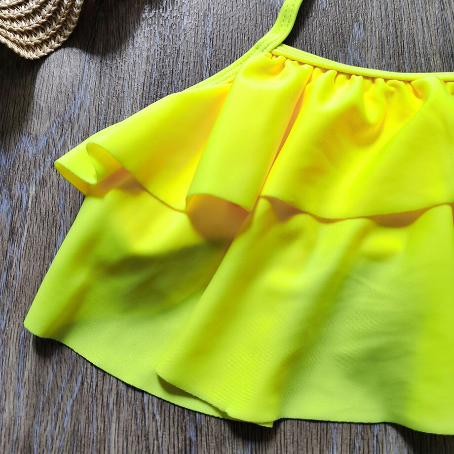 5-10 Years Girl Swimsuit Kids Ruffle Girl Bikini Set Halter Top Two Piece Children's Swimwear Tropical Plant Girls Bathing Suit