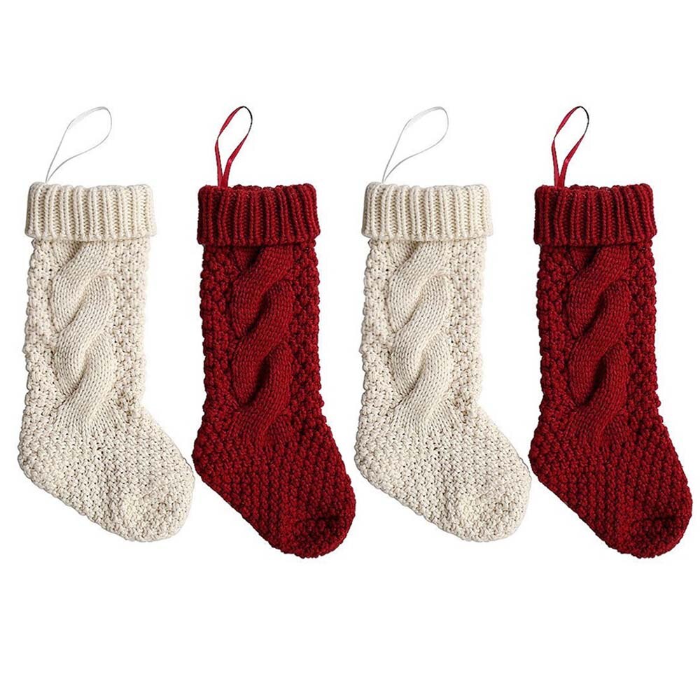 Besegad 4pcs DIY Hanging Christmas Knitted Stockings Plush Candy Sock Red Cloth Pouch Bag Stocking Xmas Tree Decoration Toy: A