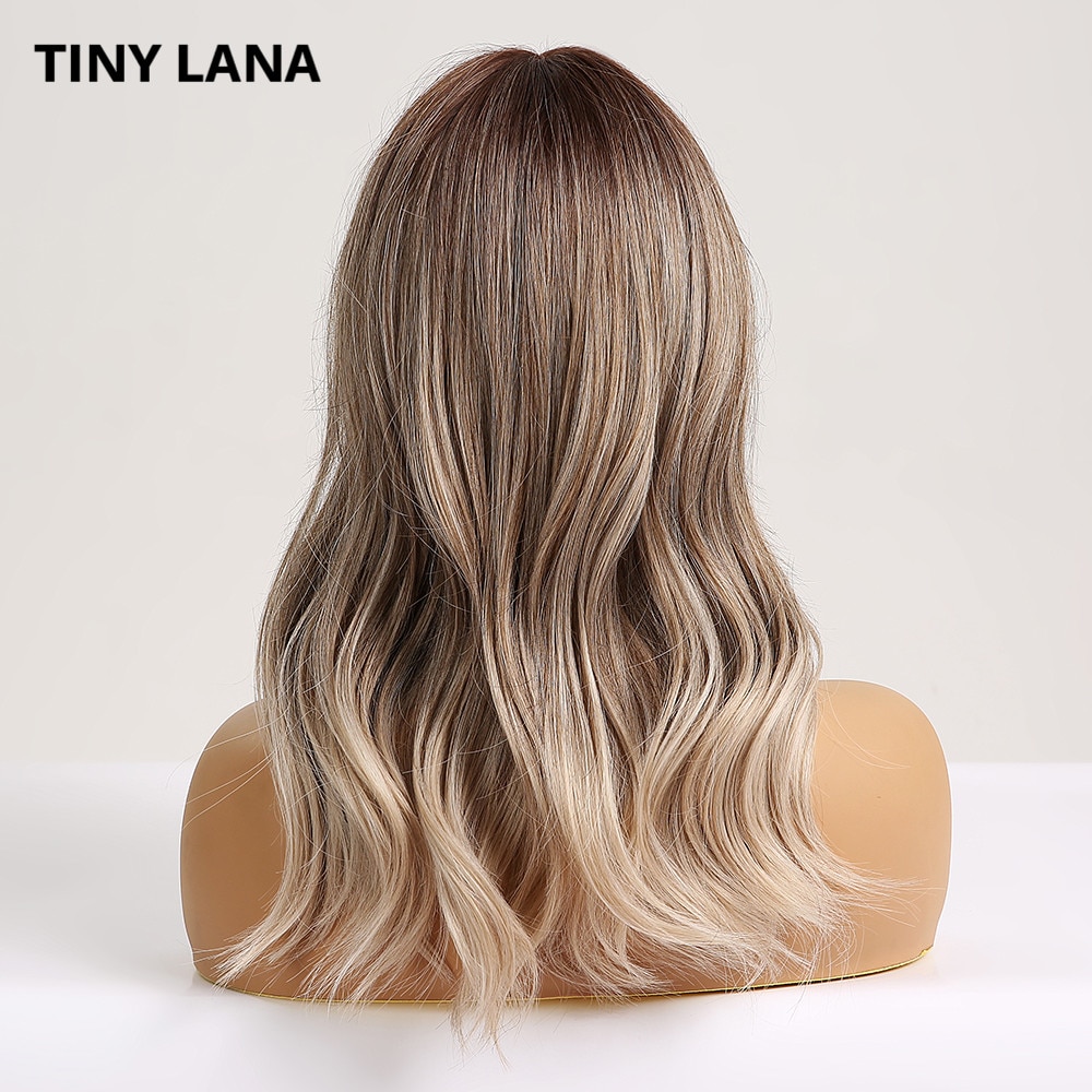Lille lana syntetisk hår parykker ombre brun lys ask blond medium bølget paryk til sorte kvinder varmebestandigt fiber dagligt falsk hår