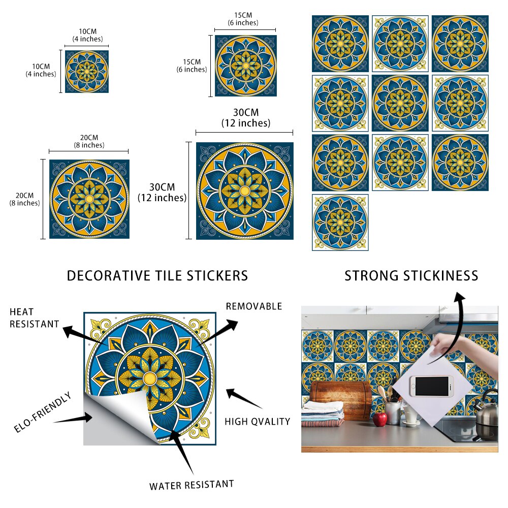 10pcs/lot Colorful Mandala Style Hard Tiles Wall Sticker Kitchen Backsplash Bathroom Art Mural Waterproof & Oil-proof Wallpaper