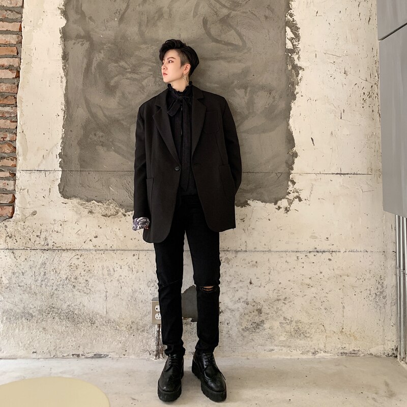 Menn blazer jakke årgang skrive ut fôr løs uformelt kjole kåpe mann streetwear elegant stil hofte hopp kjole frakk yttertøy