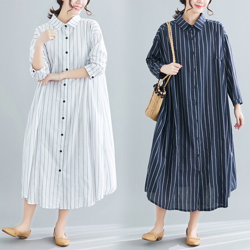 Superaen plus size all-match bomull og lin løs stripet hel turn down krage skjorte jakke kvinne kjole