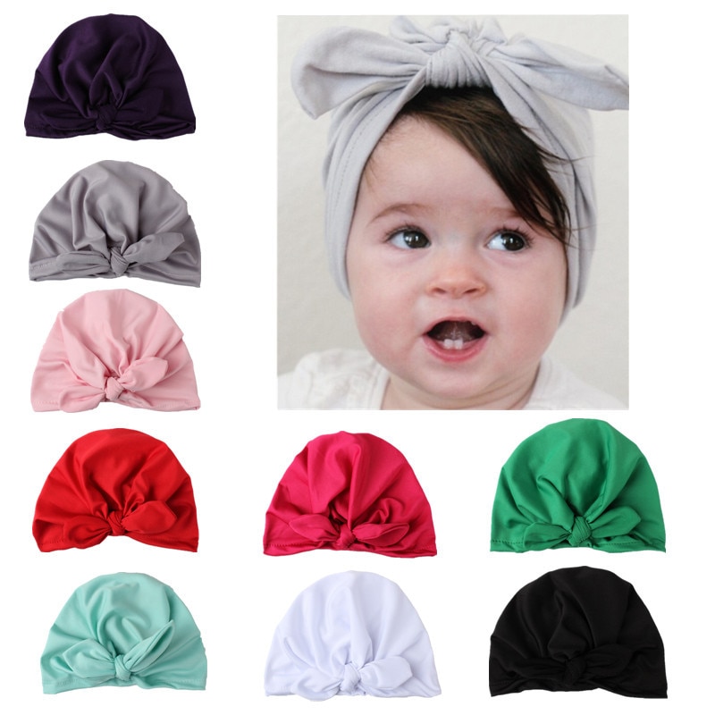 Cute Rabbit Ears Indian Hat Unisex Solid Cotton Hats Cap Baby Girls Kids Knot Turban Hair Headwrap Accessories for Children
