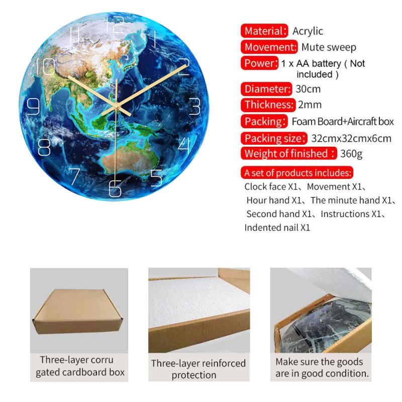 Luminous Earth Wall Clock Planet Clock Acrylic Material UV Print Clock Study Bedroom Living Room Decoration