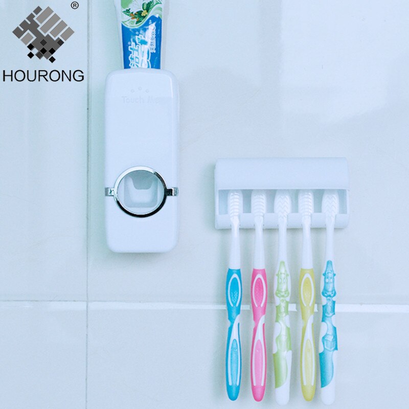 1 sæt automatisk tandpasta dispenser tandbørsteholder vægbeslag tandbørste opbevaringsstativ arrangør badeværelse tilbehørssæt