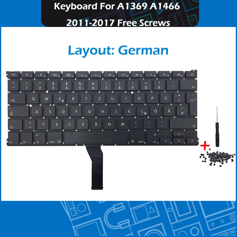 Laptop A1369 A1466 US UK Russian German French Spanish Portuguese Keyboard For Macbook Air 13&quot; Keyboards Free Screws: German