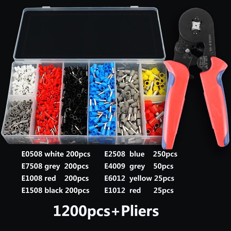 Crimping PliersWire end Ferrule Pieces of Cable lugs Tool Kit 0.5-10mm² for Insulated Uninsulated Wire Rope Ratchet Cable lugs: HSC8 6-4A 1200PCS