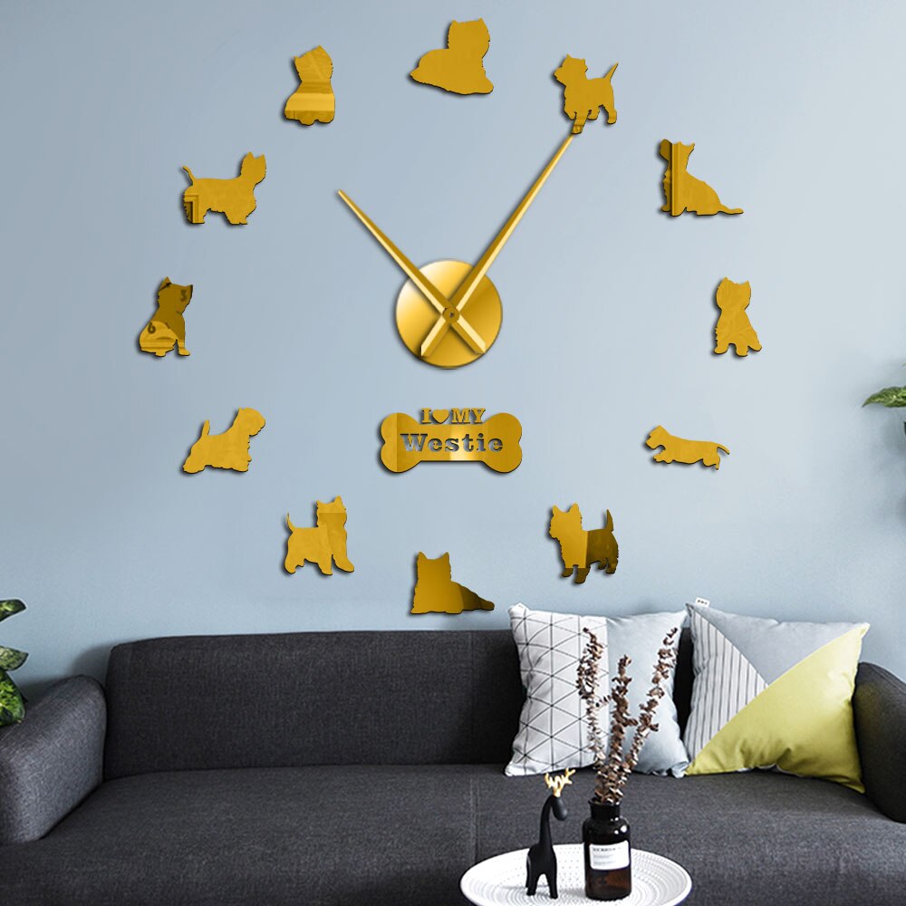 West Highland White Terrier-Reloj de pared gigante, bricolaje, efecto espejo, arte de pared acrílico, perro mascota, amo a mi Westie, reloj de pared de manos largas
