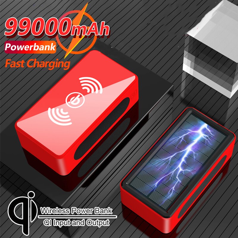 99000Mah Qi Solar Draadloos Opladen Power Bank Draagbare Outdoor Snel Opladen Met Digitale Display Led Licht Voor Xiaomi Iphone