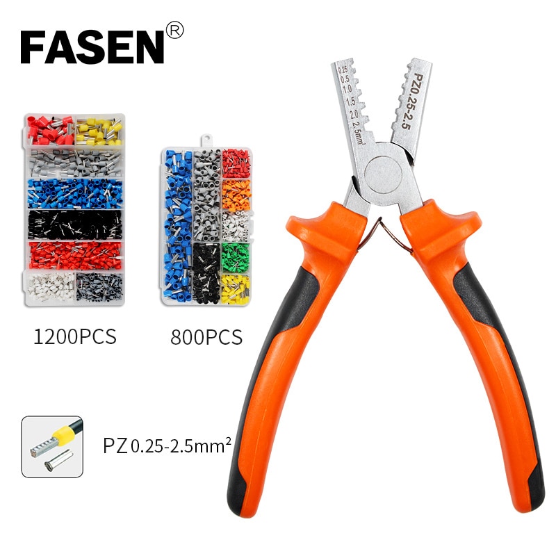 PZ 0.25-2.5 1200pcs Cable Wire Terminal Connector with Hand Ferrules 2.5 Crimper Plier Crimp Tool Kit Set AWG 10-23