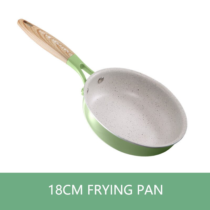 Non Stick Frying Pan With Wooden Handle Cooking Pot Set Breakfast Crepe Maker Pan Korean Cookware Saucepan Ramen Milk Pot: green 18cm pan