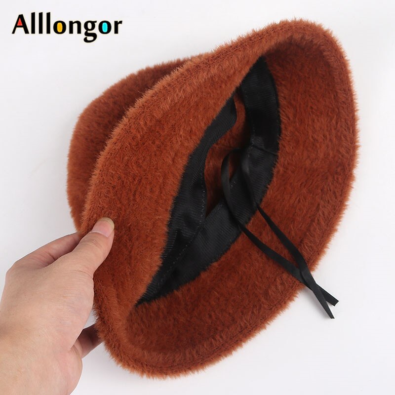 Winter Hat Women Bucket Hat Femme Autumn Warm Solid Casual Plush Faux Fur fishing cap Solid Wool fisherman&#39;s hats mujer