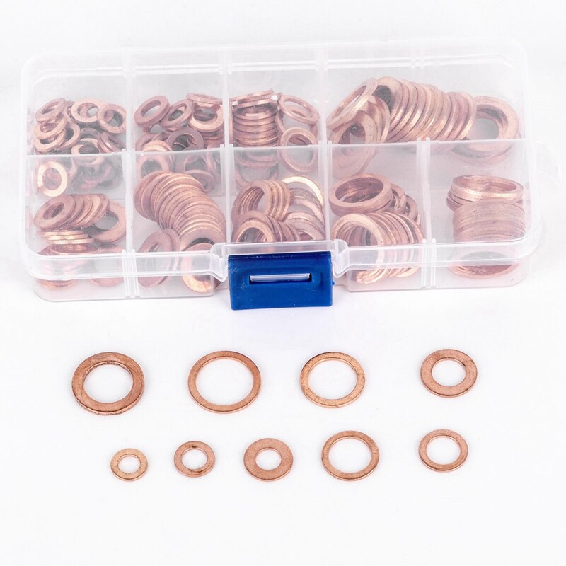 200Pcs 9 Sizes Copper Washer Gasket Set Flat Ring Seal Assortment Kit M5-M14 CAO