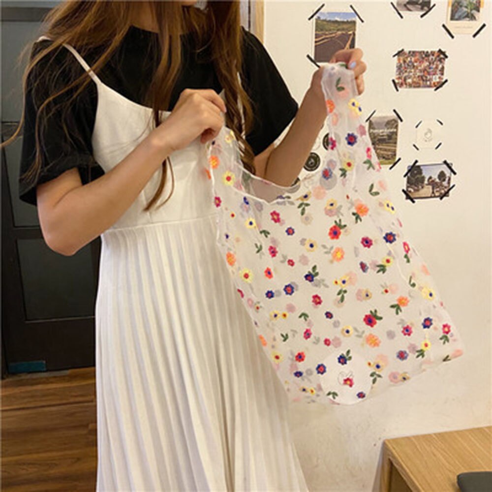 Nuovo Femminile Del Fiore Del Ricamo A Mano Sacchetto di Organza Casual Tote Maglia Borse per la Spesa Pieghevole Donna Ragazze Borse Riutilizzabili: colorful