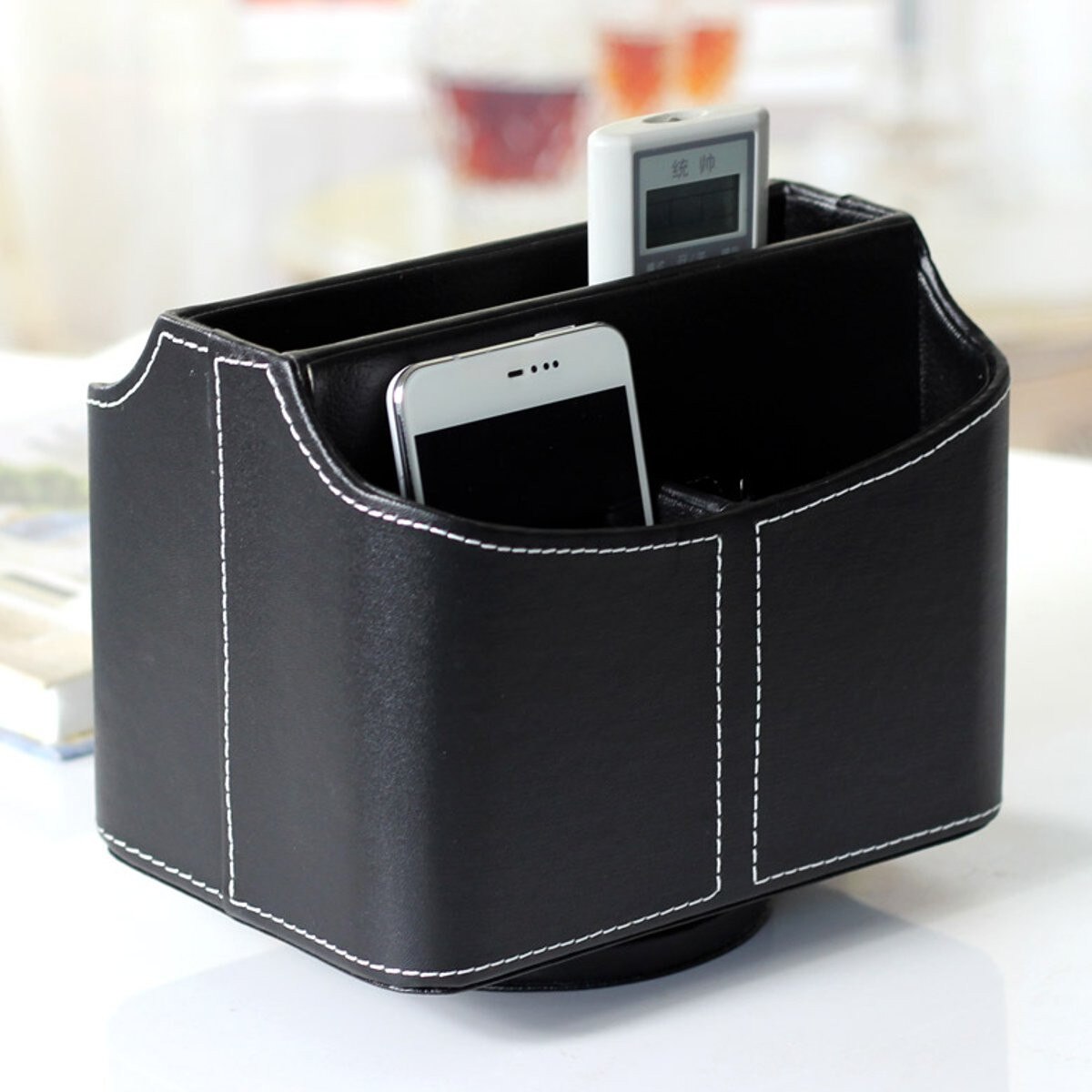 Black Remote Control Organizer Spinning Storage Holder Caddy Couch Leather TV