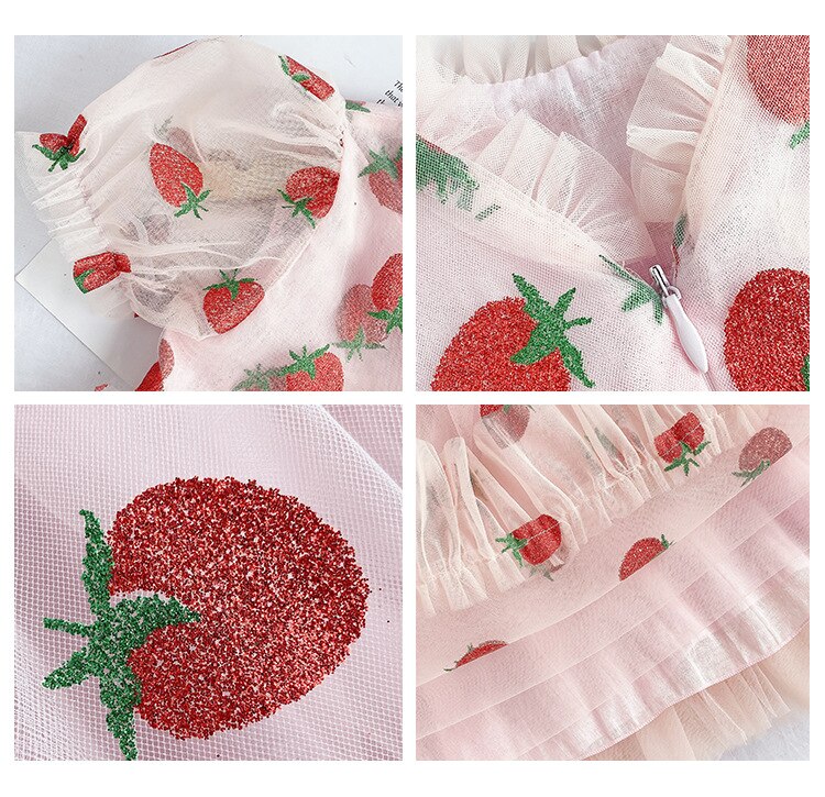 Kids Clothes Girls Summer Dress Children Clothes Puff Sleeve Pink Strawberry Princess Dress Vestidos Toddler Teen Dresses