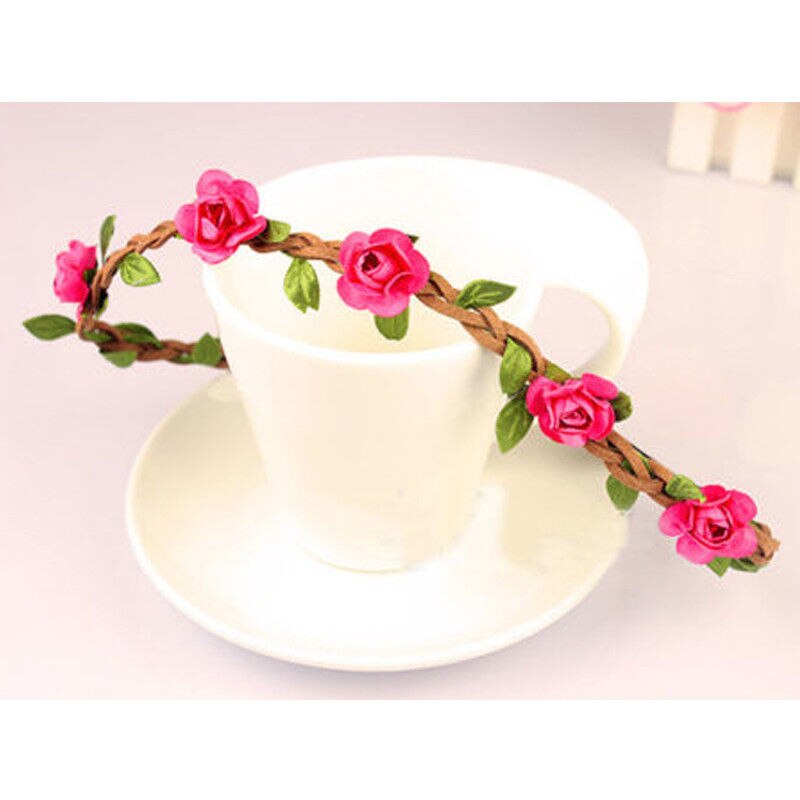 Women Girl Boho Rainbow Flower Floral Stretchy Hairband Headband Wreath Party Bride Wedding Beach Hair Accessories: Rose Red
