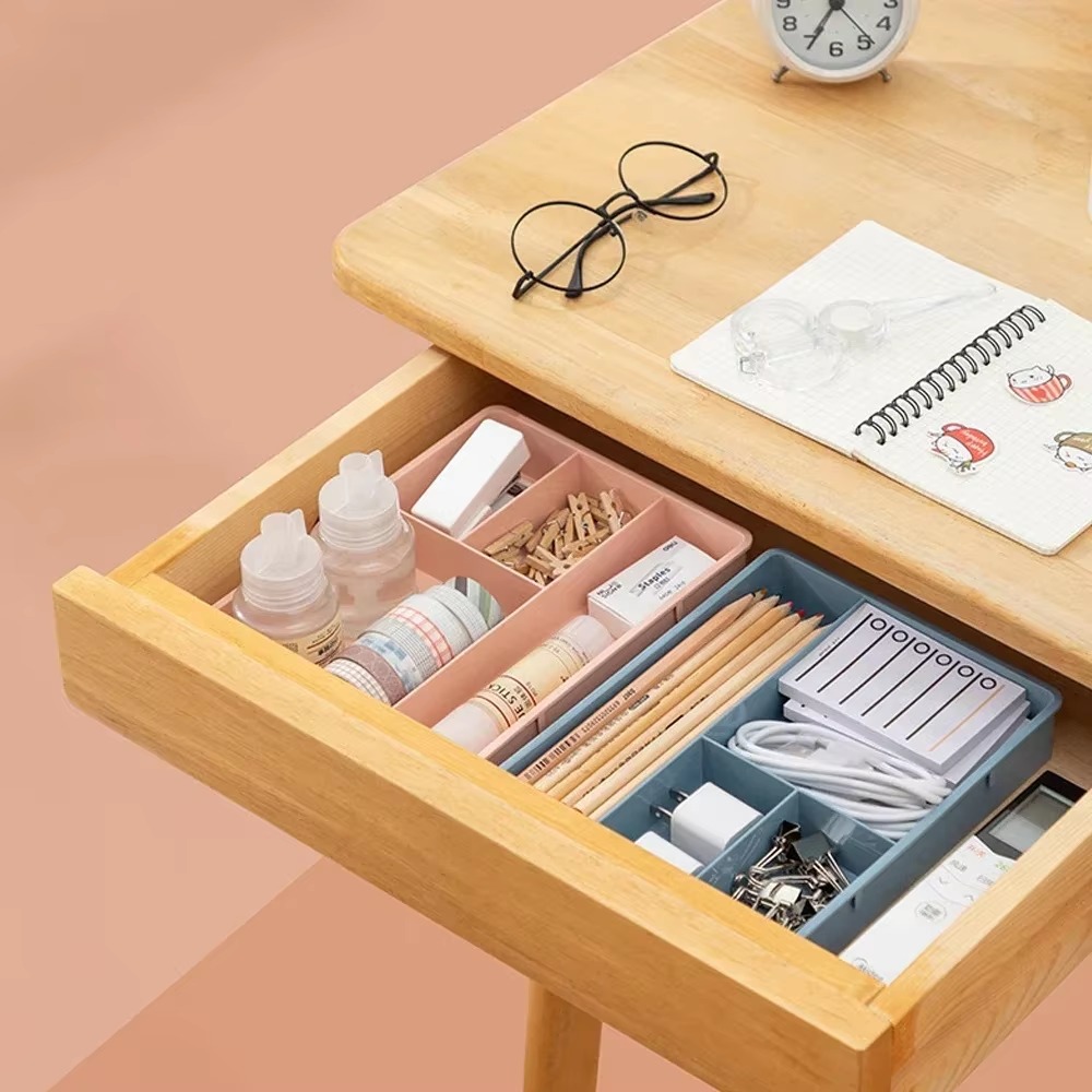 Organizador de cajones de escritorio, caja de almacenamiento de papelería para artículos diversos, contenedor, organizador de maquillaje y cosméticos, contenedor divisor de cajón para el hogar y la Oficina