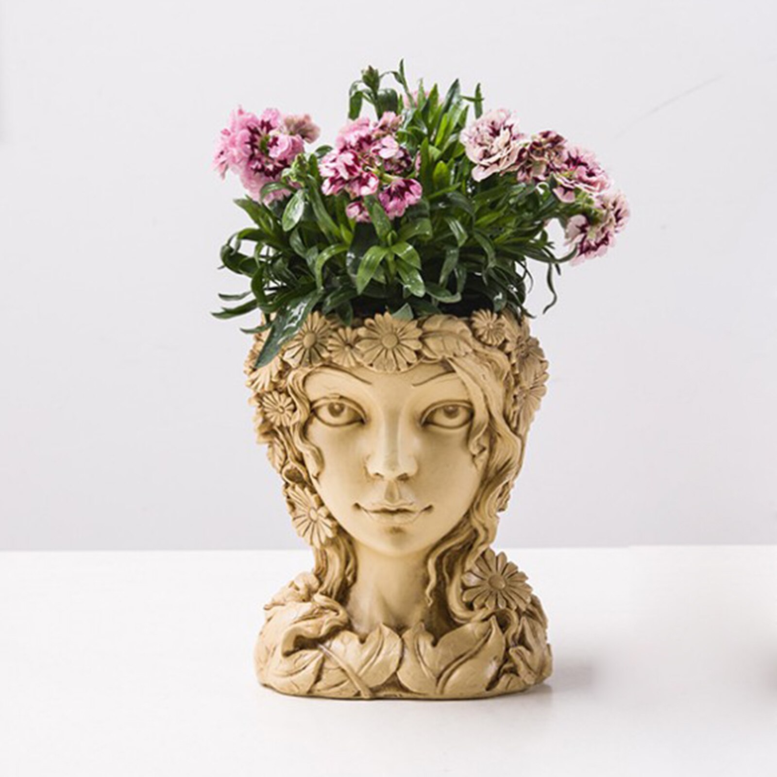 Indoor Outdoor Head Planter Pot Resin Succulent Vase Greek Statues Planter: Wood Color