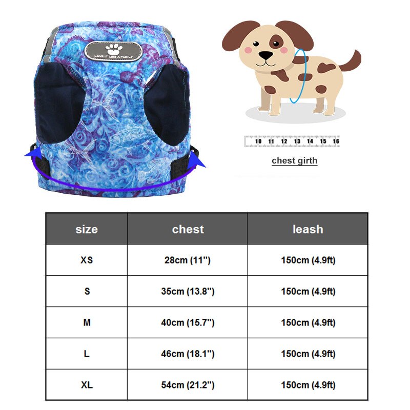 Havprintet hundevest sele reflekterende no pull polstret kæledyrshvalp gåsele og snor sæt til lille hund kat shih tzu