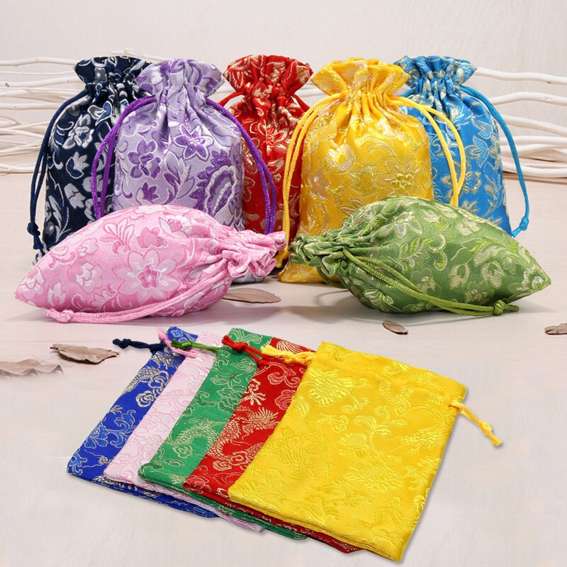Zijde Sieraden Opbergtas Pouch Tas Kleine Satijnen Portemonnee Chinese Brocade Geborduurde Trekkoord Bag Voor Ring Sieraden