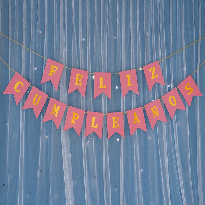 Tillykke med fødselsdagen papir krans spansk sprog bannere flag tillykke med fødselsdagen fest indretning levering baby shower dekoration forsyninger: Lyserød 1