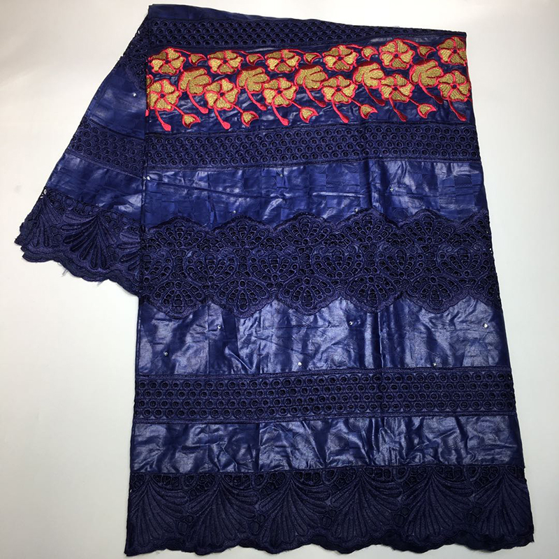 Model African European American style Bazin Riche Getzner Fabric With Embroidery and Diamond sewing materials for clothing: Midnight Blue