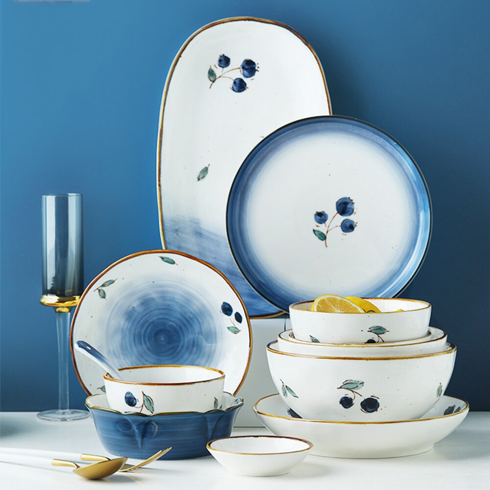 Home Gold Edge Blueberry Ceramic Tableware Heatable Oven Plate Soup Bowl Food Plate For Bread Noodles Salad Bakeware