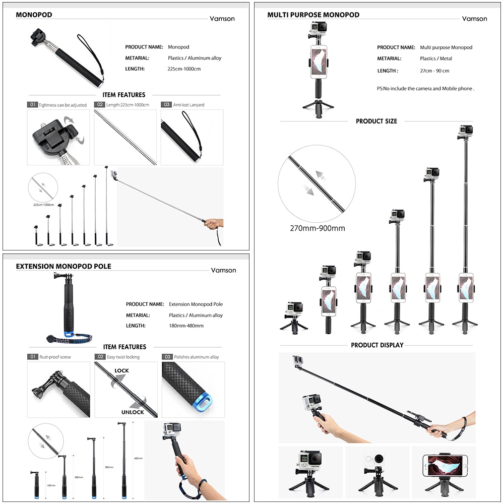 Kit de accesorios Vamson para Xiao YI 4 K, conjunto de trípode monopié con correa para trucos en la cabeza, adaptador de montaje para YI 4K + para cámara YI Lite VS147