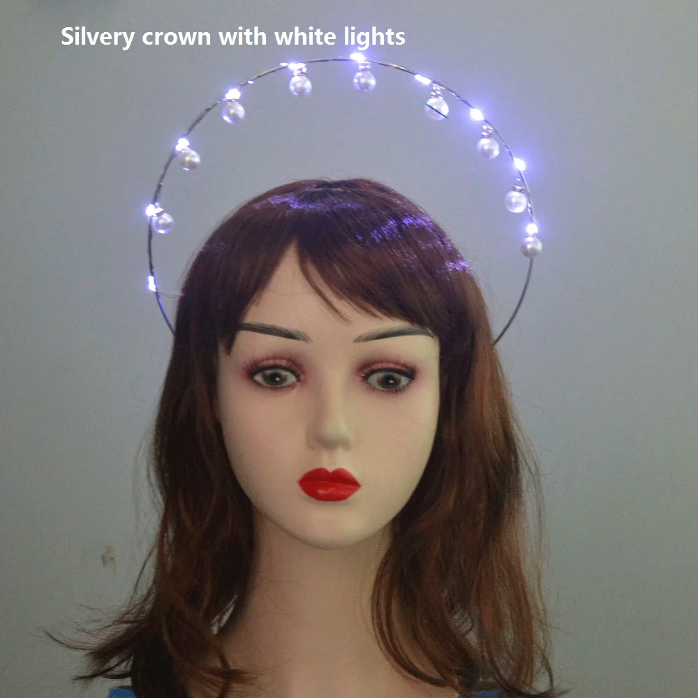 Glow Light Up Godin Crown Angel Bridal Gold Halo Hoofdband Veer Bloem Haarband Verjaardagsfeestje Heks Koningin Haar Slijtage Cadeau: Deep Blue