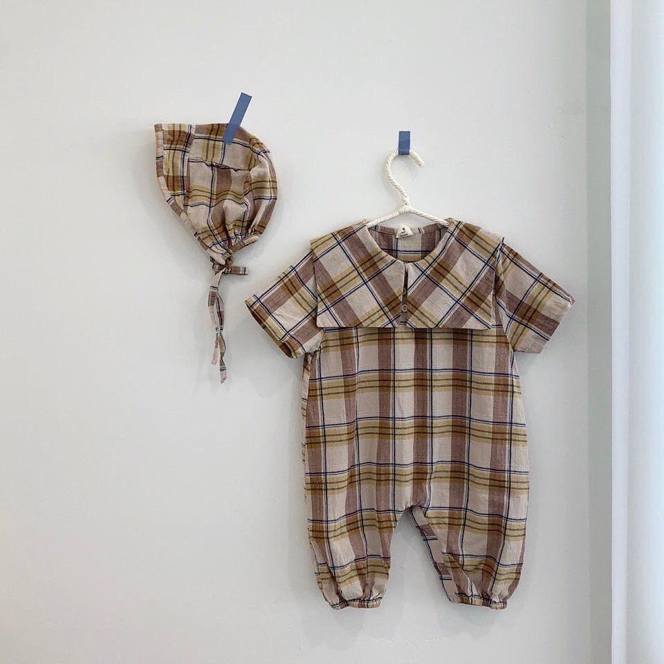 3449 Britse Plaid Baby Meisjes Jongens Romper Met Hoed Wassen Katoen Tweedelige Set Lange Mouw Babykleding Overalls Voor kids: yellow / 80cm(9-12m)